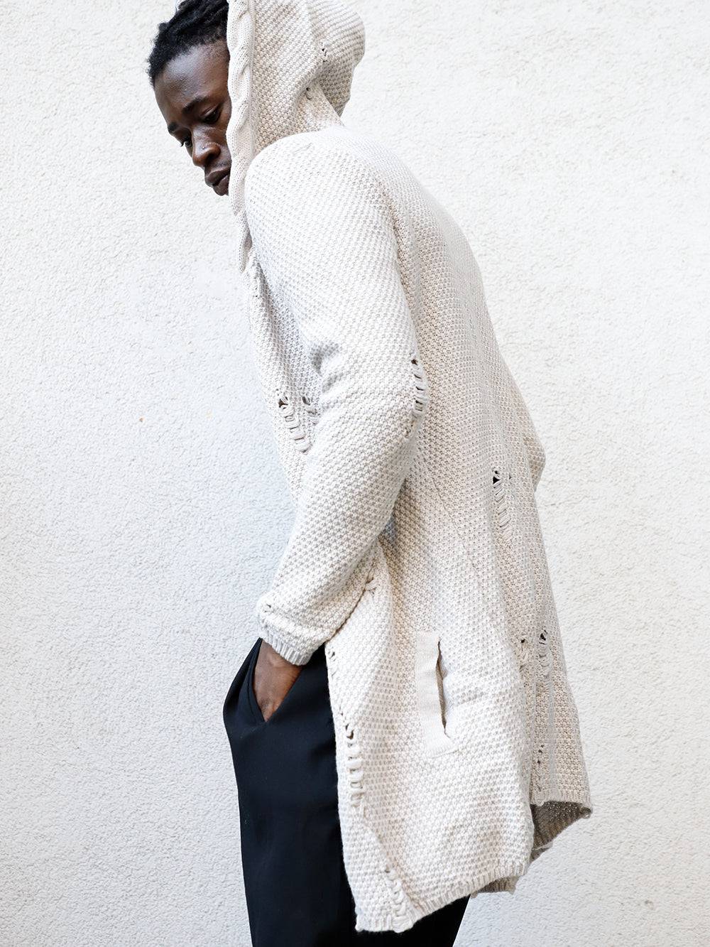 HOODED DISTRESSED CARDIGAN // STONE