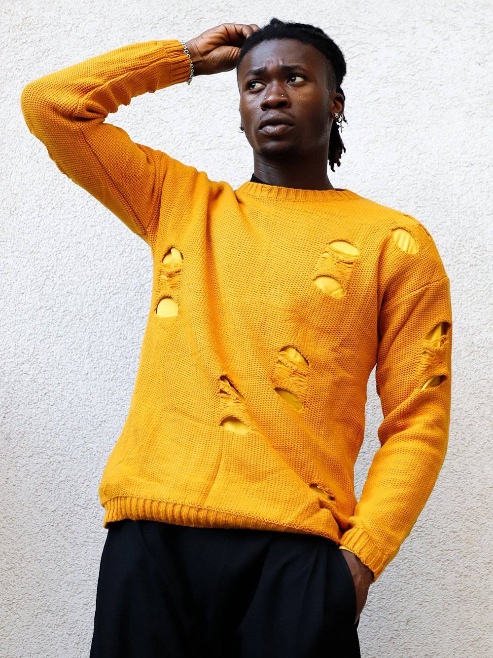 DISTRESSED DOUBLE LAYER SWEATER // MUSTARD