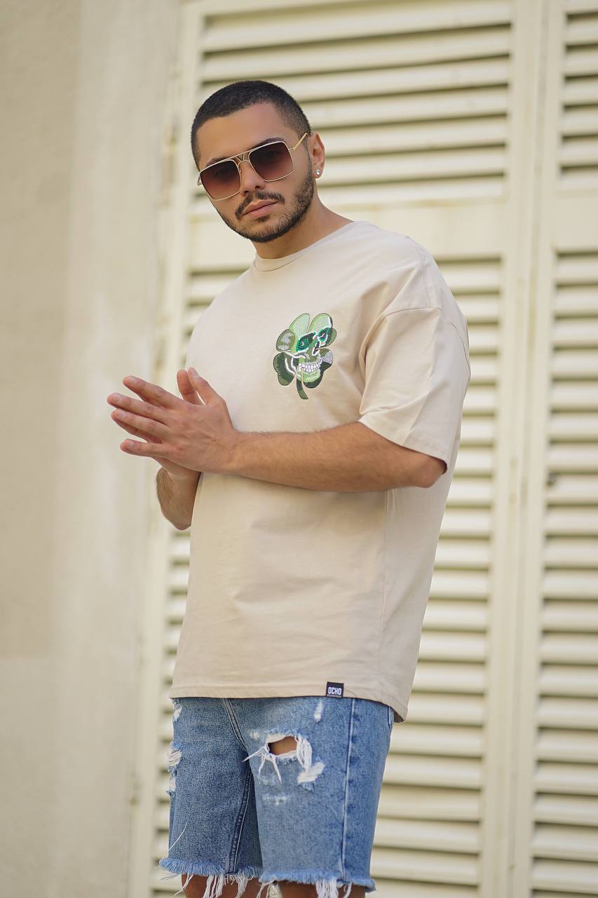 Cream Skull Stiched Oversize T-Shirt