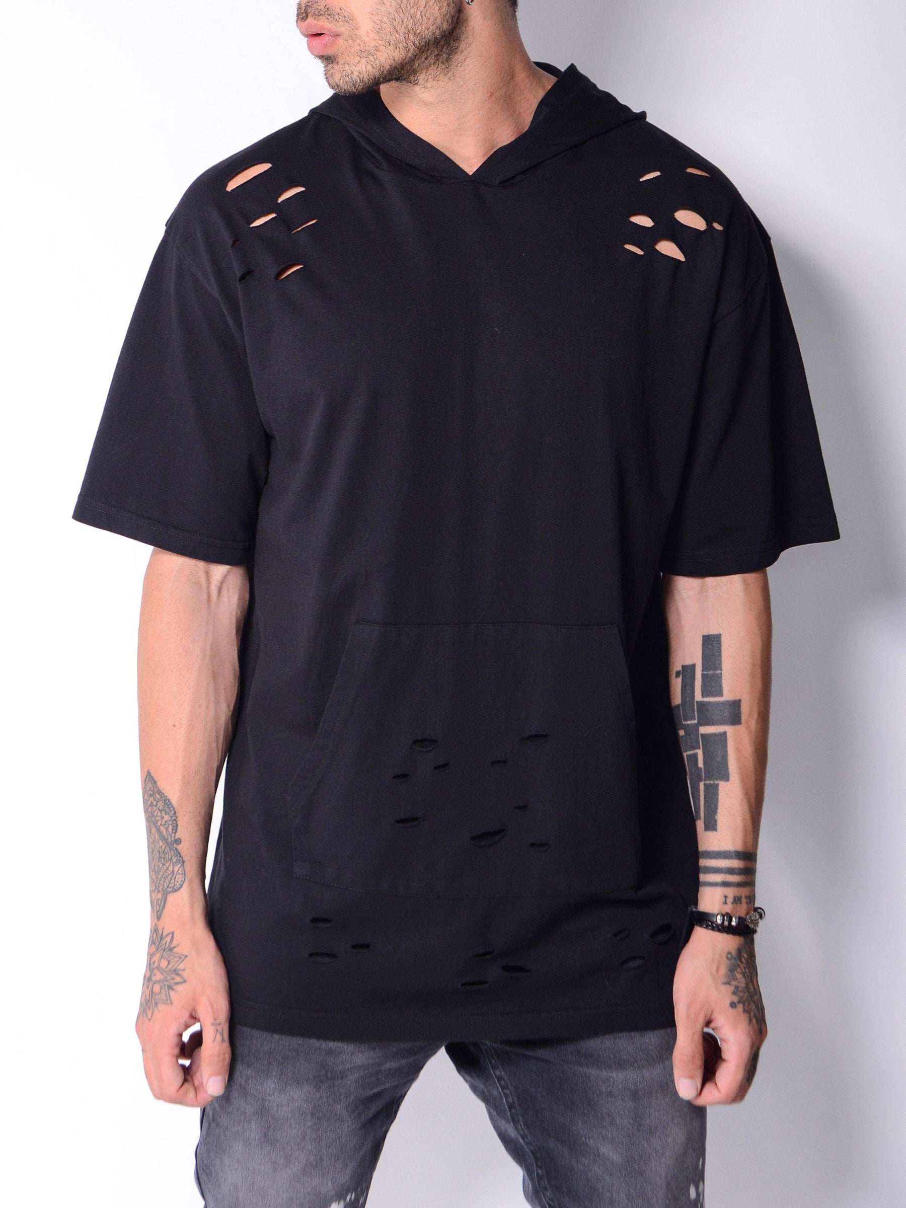 Hooded Ripped T-shirt Cangaroo Pocket 4646