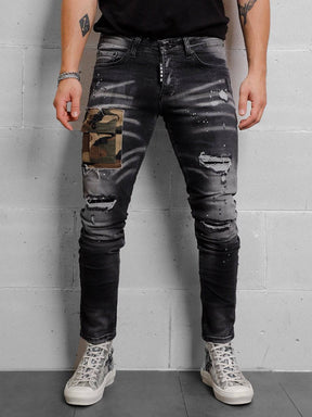 CAMOUFLAGE POCKET DISTRESSED DENIM // BLACK