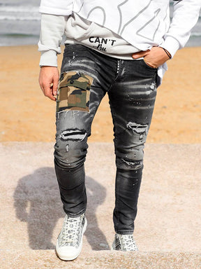 CAMOUFLAGE POCKET DISTRESSED DENIM // BLACK